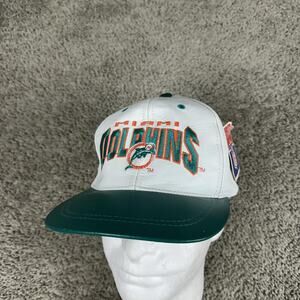 VTG Miami Dolphins Hat Cap Strap Back White Green Leather NFL Football Mens 90s